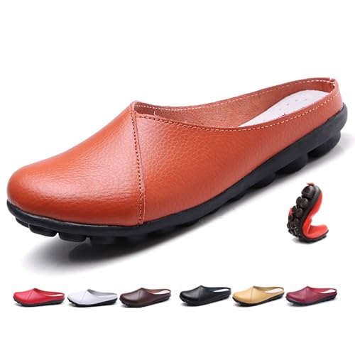 Damen Leder Pantoletten Slip-On Weiche Echtleder Clogs Bequeme Rückenfreie Loafer für Frauen Weite Passform Flats Stillschuhe, Orange, 44 EU von MAOAEAD