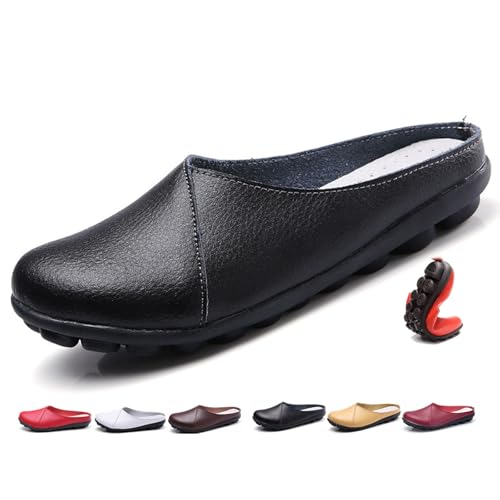 Damen Leder Pantoletten Slip-On Weiche Echtleder Clogs Bequeme Rückenfreie Loafer für Frauen Weite Passform Flats Stillschuhe, Schwarz , 44 EU von MAOAEAD