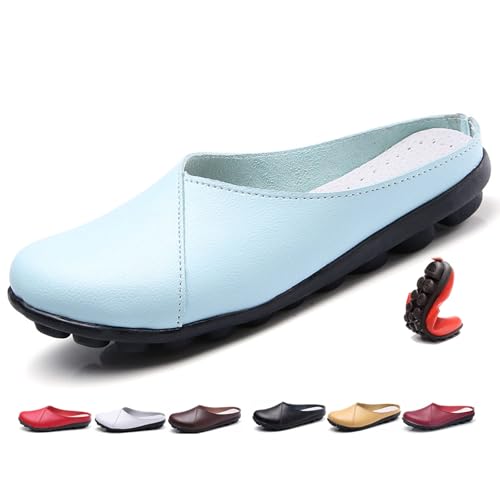 Damen Leder Pantoletten Slip-On Weiche Echtleder Clogs Bequeme Rückenfreie Loafer für Frauen Weite Passform Flats Stillschuhe, blau, 44 EU von MAOAEAD