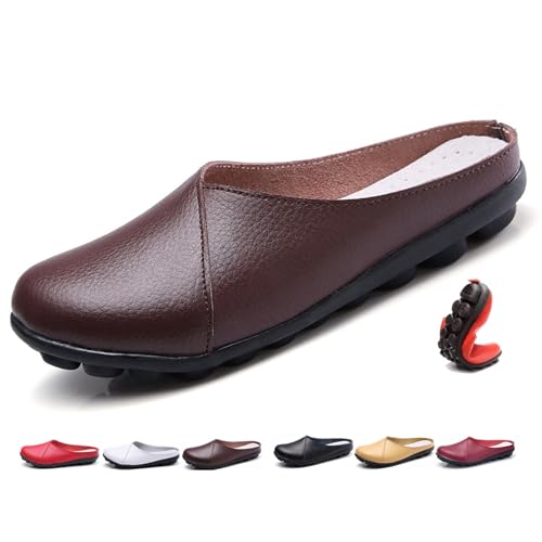 Damen Leder Pantoletten Slip-On Weiche Echtleder Clogs Bequeme Rückenfreie Loafer für Frauen Weite Passform Flats Stillschuhe, braun, 44 EU von MAOAEAD