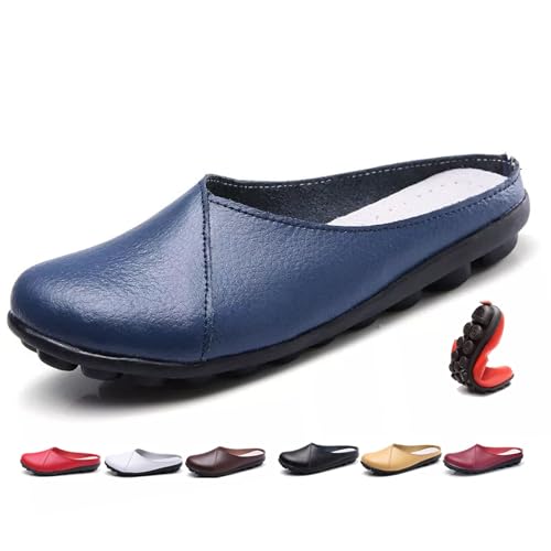 Damen Leder Pantoletten Slip-On Weiche Echtleder Clogs Bequeme Rückenfreie Loafer für Frauen Weite Passform Flats Stillschuhe, dunkelblau, 44 EU von MAOAEAD