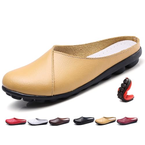 Damen Leder Pantoletten Slip-On Weiche Echtleder Clogs Bequeme Rückenfreie Loafer für Frauen Weite Passform Flats Stillschuhe, gelb, 44 EU von MAOAEAD