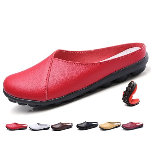 Damen Leder Pantoletten Slip-On Weiche Echtleder Clogs Bequeme Rückenfreie Loafer für Frauen Weite Passform Flats Stillschuhe, rot, 44 EU von MAOAEAD