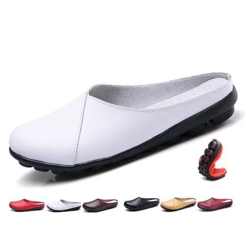 Damen Leder Pantoletten Slip-On Weiche Echtleder Clogs Bequeme Rückenfreie Loafer für Frauen Weite Passform Flats Stillschuhe, weiß, 44 EU von MAOAEAD