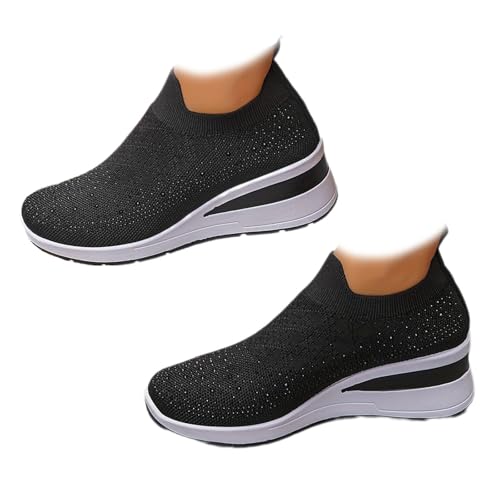 Damen Strass Mesh Slip On Wedge Sneakers Orthopädische Wedge Sneaker mit Mesh Kristall Bequeme Atmungsaktive Wanderschuhe, Schwarz , 39.5 EU von MAOAEAD