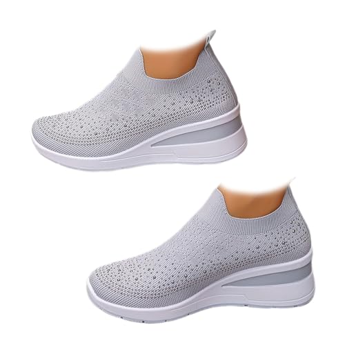 Damen Strass Mesh Slip On Wedge Sneakers Orthopädische Wedge Sneaker mit Mesh Kristall Bequeme Atmungsaktive Wanderschuhe, grau, 39.5 EU von MAOAEAD