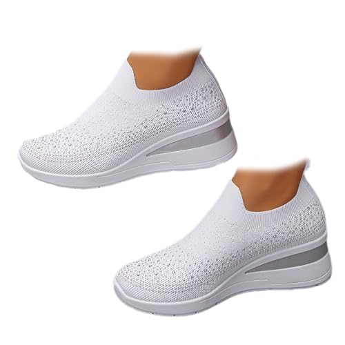 Damen Strass Mesh Slip On Wedge Sneakers Orthopädische Wedge Sneaker mit Mesh Kristall Bequeme Atmungsaktive Wanderschuhe, weiß, 38.5 EU von MAOAEAD