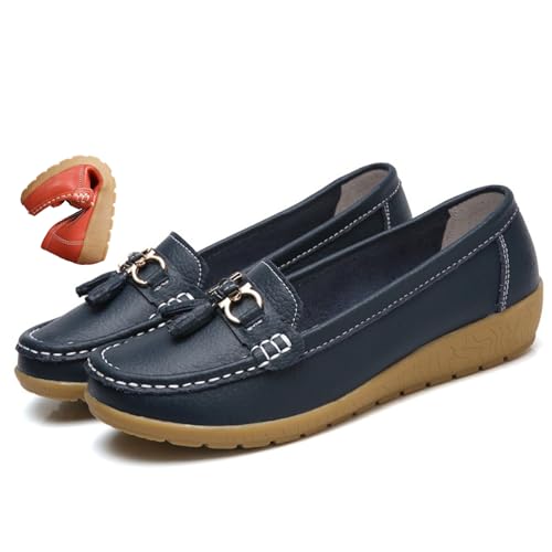 MAOAEAD Atmungsaktive Mokassins-Schuhe für Damen, orthopädische Loafer aus atmungsaktivem Leder, elegant, weich, zum Hineinschlüpfen, Flats (Dunkelblau, Größe 37) von MAOAEAD