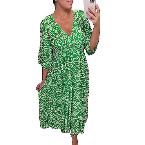 MAOAEAD Bohemian Casual Print V-Ausschnitt Elastische Taille Wrap Langes Kleid, Elegant Druck Maxikleid für Frauen Sommer Lose Rüschen Ärmel Strandkleider, grün, L von MAOAEAD