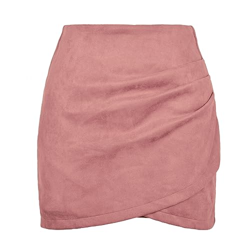 MAOAEAD Damen A-Linie Minirock Hohe Taille Pack Hüftrock Wildleder Einfarbig Plissee Kreuz Reißverschluss Kurzes Kleid, Rose von MAOAEAD