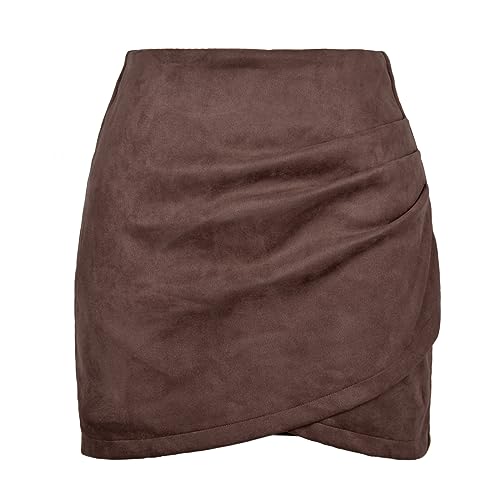 MAOAEAD Damen A-Linie Minirock Sexy Hohe Taille Pack Hüftrock Wildleder Einfarbig Plissee Kreuz Reißverschluss Kurzes Kleid, L, Braun von MAOAEAD