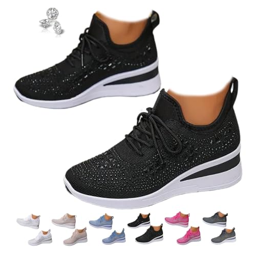 MAOAEAD Damen Glitzer Strass Mode Atmungsaktive Keil-Sneaker, Glitzer Sneaker Damen, Elegante Sparkly Strass Mesh Schuhe mit Keilabsatz für Braut, Festival & Party (36,Schwarz) von MAOAEAD