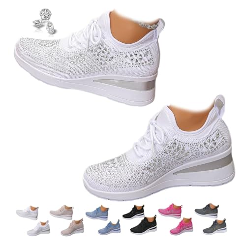 MAOAEAD Damen Glitzer Strass Mode Atmungsaktive Keil-Sneaker, Glitzer Sneaker Damen, Elegante Sparkly Strass Mesh Schuhe mit Keilabsatz für Braut, Festival & Party (41,weiße) von MAOAEAD