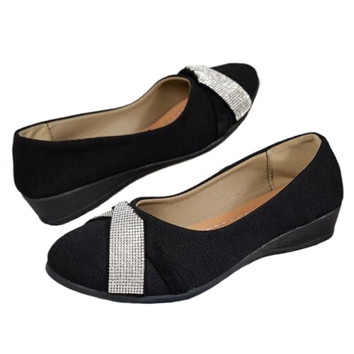 MAOAEAD Damen Leichte Mode Strass Keilschuhe Schwarz Bequeme Orthopädische Slip-On Ballerinas für Frauen Casual Formelle Schuhe, Schwarz , 41 EU von MAOAEAD