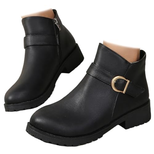 MAOAEAD Damen Runde Zehe Stiefeletten mit seitlichem Reißverschluss, Bequeme Chunky Heel Leder Stiefeletten Breit Orthopädische Damen Herbst Winter Schuhe, Schwarz , 39 EU von MAOAEAD