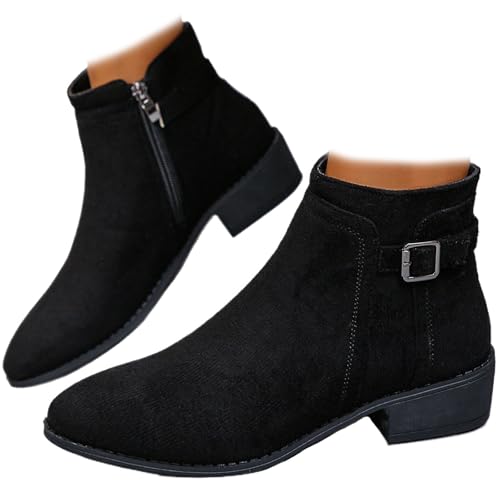 MAOAEAD Damen-Stiefeletten aus Wildleder mit seitlichem Reißverschluss und Schnalle, modisch, spitzer Zehenbereich, klobiger Absatz, Chelsea-Stiefeletten für Herbst und Winter, Schwarz , 39.5 EU von MAOAEAD