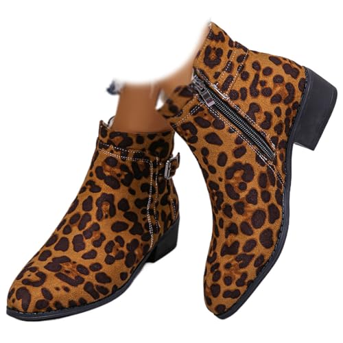 MAOAEAD Damen-Stiefeletten aus Wildleder mit seitlichem Reißverschluss und Schnalle, modisch, spitzer Zehenbereich, klobiger Absatz, Chelsea-Stiefeletten für Herbst und Winter, leopardenmuster, 41.5 von MAOAEAD