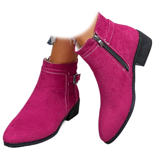 MAOAEAD Damen-Stiefeletten aus Wildleder mit seitlichem Reißverschluss und Schnalle, modisch, spitzer Zehenbereich, klobiger Absatz, Chelsea-Stiefeletten für Herbst und Winter, rosarot, 39.5 EU von MAOAEAD