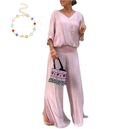 MAOAEAD Elegante Chiffon-Hose mit weitem Bein, zweiteiliges Set für Damen, elegante Hosenanzüge, halbformelle Hosen, Anzüge für Hochzeit, Abend, Party, rose, 42 von MAOAEAD