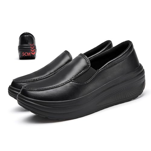 MAOAEAD Ergonomische Lederschuhe für Damen, Schmerzlinderung, Fußgewölbeunterstützung, Plateau-Keil, Slip-On-Loafer, bequem, Rocker-Unterseite, Schwarz (Schwarz, Größe 36) von MAOAEAD