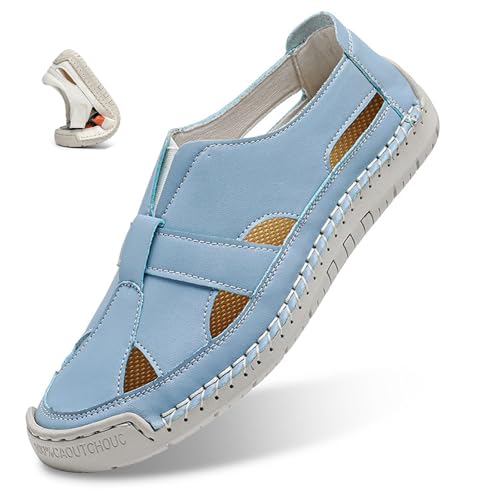 MAOAEAD Fischer-Sandalen für Damen, geschlossene Zehenpartie, Leder, breite Passform, Gladiator-Sandalen, bequem, weich, leicht, rutschfest, Strandschuhe, Blau (B), 43 EU von MAOAEAD