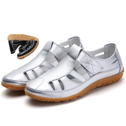 MAOAEAD Flache Damen-Sandalen aus echtem Leder, rutschfest, geschlossene Zehen, weiches Leder, lässig, zum Spazierengehen, Fahren, silber, 37 EU MAOAEAD Flache Damen-Sandalen aus echtem Leder, rutschfest, geschlossene Zehen, weiches Leder, lässig, zum Spazierengehen, Fahren, silber, 37 EU von MAOAEAD