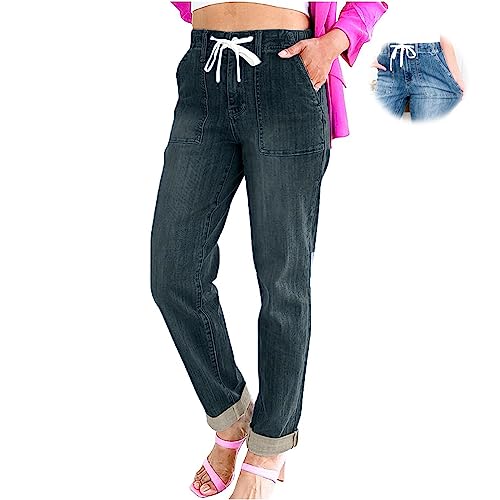 MAOAEAD Frauen Pull On Denim Jogger mit Kordelzug Elastische Taille Stretch Hosen Casual Hi-Rise Pull-On Jeans für Frauen (Black,M) von MAOAEAD