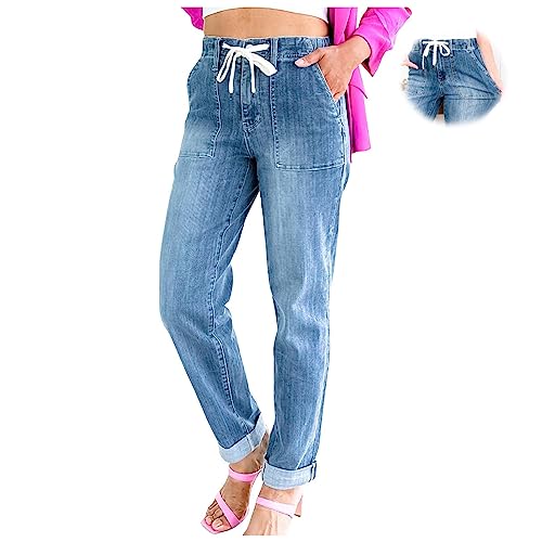 MAOAEAD Frauen Pull On Denim Jogger mit Kordelzug Elastische Taille Stretch Hosen Casual Hi-Rise Pull-On Jeans für Frauen (Blue,L) von MAOAEAD