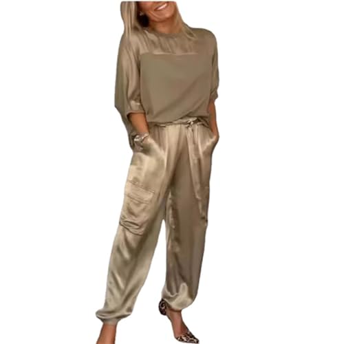 MAOAEAD Glattes Satin-Oberteil und Hose, Set mit halblangen Ärmeln, Oberteil und Hose, zweiteiliges Outfit für Damen, glattes Satin, Oberteil und Hose, khaki, 46 von MAOAEAD