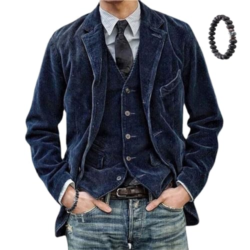 MAOAEAD Herren Vintage Cord Revers Jacke Winter Cord Blazer Elegant Einfarbig Cord Revers Tasche Jacke (Blau, L) von MAOAEAD