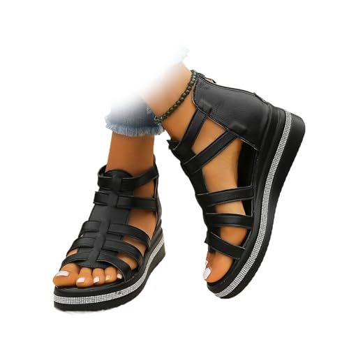 MAOAEAD Keilsandalen mit Strassverzierung, schwarze Fischer-Sandalen für Damen, klobig, Gladiator-Leder, Plateau-Keil, orthopädische Sandalen, offener Zehenbereich, Reißverschluss hinten, Schwarz A MAOAEAD Keilsandalen mit Strassverzierung, schwarze Fischer-Sandalen für Damen, klobig, Gladiator-Leder, Plateau-Keil, orthopädische Sandalen, offener Zehenbereich, Reißverschluss hinten, Schwarz A von MAOAEAD