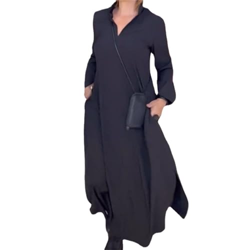 MAOAEAD Langes Kleid mit seitlichem Schlitz, Revers, lässig, einfarbig, V-Ausschnitt, langärmelig, elegantes Damen-Maxikleid mit Taschen, grün, XX-Large von MAOAEAD