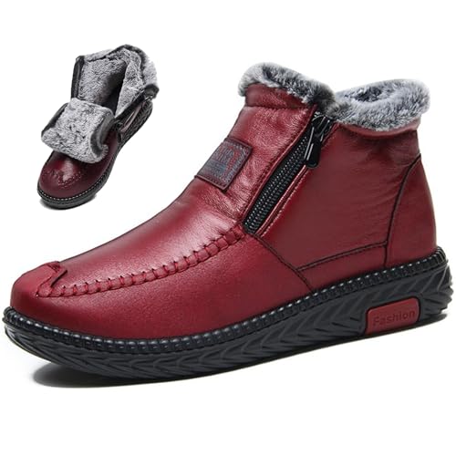 MAOAEAD Neue Fleece verdickte warme Schneestiefel Damen Wasserdicht rutschfest Warm Baumwolle Leder Stiefel Weite Winterstiefel für Frauen, rot, 37 EU von MAOAEAD