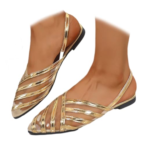 MAOAEAD Schöne, stilvolle Damen-Sandalen mit laserfarbenen Streifen, Netzstoff, flache Sandalen, spitz zulaufender Zehenbereich, Slingback-Flats für Outdoor, Dating und Party, gold, 43 EU MAOAEAD Schöne, stilvolle Damen-Sandalen mit laserfarbenen Streifen, Netzstoff, flache Sandalen, spitz zulaufender Zehenbereich, Slingback-Flats für Outdoor, Dating und Party, gold, 43 EU von MAOAEAD