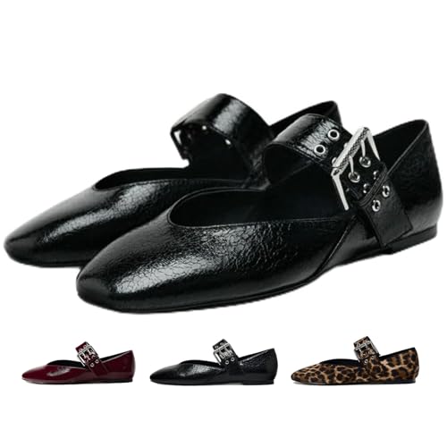 Mary Jane Flache Ballerinas für Damen, elegante Lederschuhe mit Riemen, elegante bequeme Ballerinas zum Reinschlüpfen, Schwarz , 40 EU von MAOAEAD