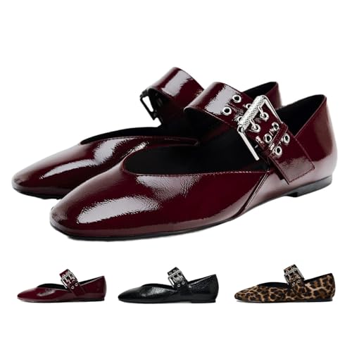 Mary Jane Flache Ballerinas für Damen, elegante Lederschuhe mit Riemen, elegante bequeme Ballerinas zum Reinschlüpfen, burgunderfarben, 40 EU von MAOAEAD