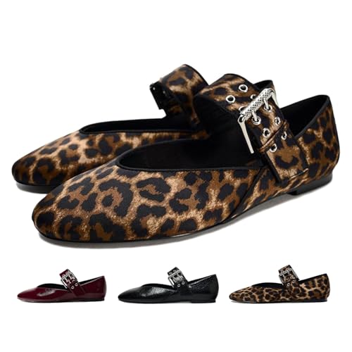 Mary Jane Flache Ballerinas für Damen, elegante Lederschuhe mit Riemen, elegante bequeme Ballerinas zum Reinschlüpfen, leopardenmuster, 40 EU von MAOAEAD
