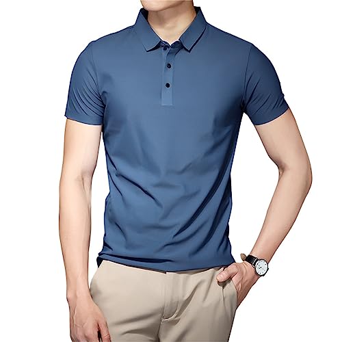 Men's Ice Silk Short Sleeve Polo Shirt, Summer Seamless Polo Shirts for Men Cool Casual Button-Down Shirts (XL(65-75kg),Haze Blue) von MAOAEAD
