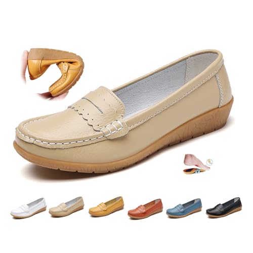 Orthopädische Loafer für Damen, aus atmungsaktivem Leder, Mokassins, weiche Sohle, lässig, breite Passform, Arbeit, Büro, Stillschuhe, Beige A, 44 EU Orthopädische Loafer für Damen, aus atmungsaktivem Leder, Mokassins, weiche Sohle, lässig, breite Passform, Arbeit, Büro, Stillschuhe, Beige A, 44 EU von MAOAEAD
