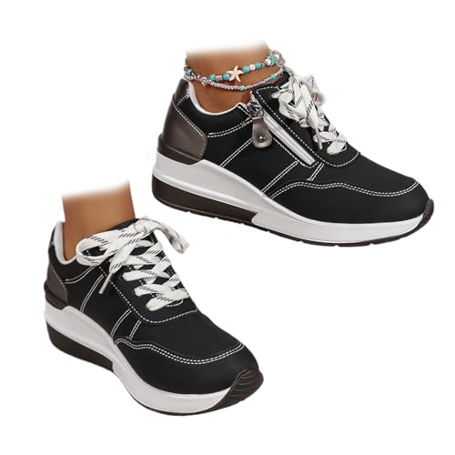 Plus Size Damen Vielseitige Low Top Fashion Sneakers Frauen Reißverschluss Plattform Tennisschuhe Keil-Sneaker Orthopädische Slip-On Sneaker, Schwarz , 44 EU von MAOAEAD