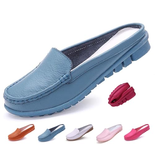 Rückenfreie Damen-Slipper aus echtem weichem Leder, Pantoletten, flach, rückenfrei, Schlupfschuhe, breite Passform, Halbschuhe für Damen, blau, 44 EU Rückenfreie Damen-Slipper aus echtem weichem Leder, Pantoletten, flach, rückenfrei, Schlupfschuhe, breite Passform, Halbschuhe für Damen, blau, 44 EU von MAOAEAD