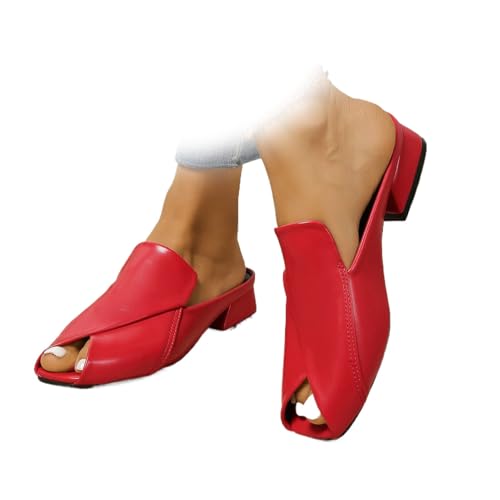 Schicke und bequeme Damen-Sandalen, einfarbig, vielseitig einsetzbar, für Urlaub, Leder, quadratisch, offener Zehenbereich, niedriger Absatz, elegante Hausschuhe, rot, 44 EU von MAOAEAD