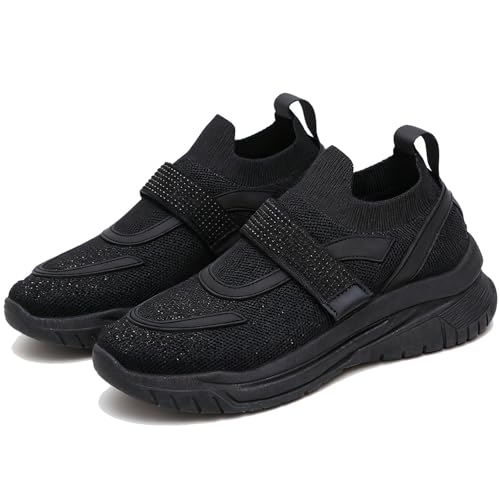 Strass-Strickgürtel-Sneaker für Damen, glitzernde Plateau-Keil-Turnschuhe, modisch, atmungsaktiv, Walking-Tennisschuhe, Schwarz , 36 EU von MAOAEAD