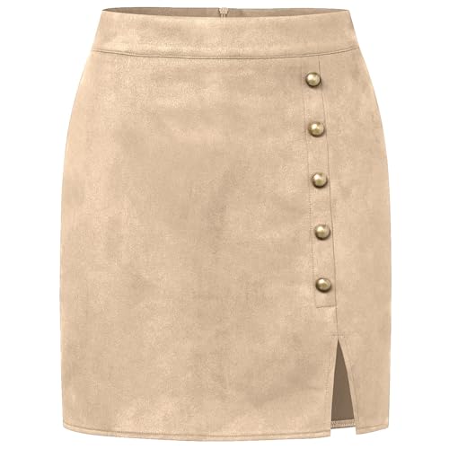 Wildleder Rock für Damen Hohe Taille Mini Rock Sexy Faux Wildleder Röcke Herbst Winter Metall Schnalle Bodycon Short Rock (Beige,L) von MAOAEAD