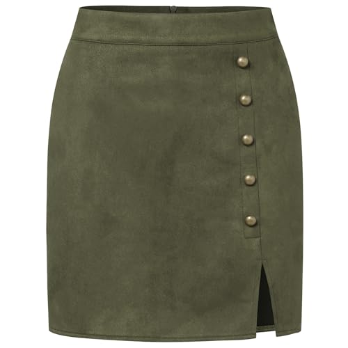 Wildleder Rock für Damen Hohe Taille Mini Rock Sexy Faux Wildleder Röcke Herbst Winter Metall Schnalle Bodycon Short Rock (Green,L) von MAOAEAD