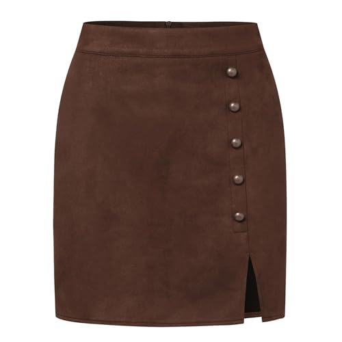 Wildleder Rock für Damen Hohe Taille Mini Rock Sexy Faux Wildleder Röcke Herbst Winter Metall Schnalle Bodycon Short Rock (Brown,M) von MAOAEAD