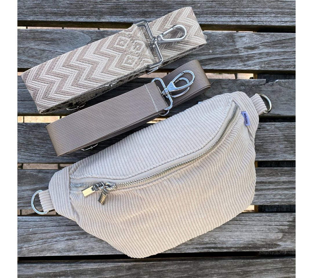 MAONI Bauchtasche Umhängetasche Beige Cord (Bestandteile: 1x Tasche, 2x Taschengurt zum Wechseln), geräumiges Hauptfach von MAONI