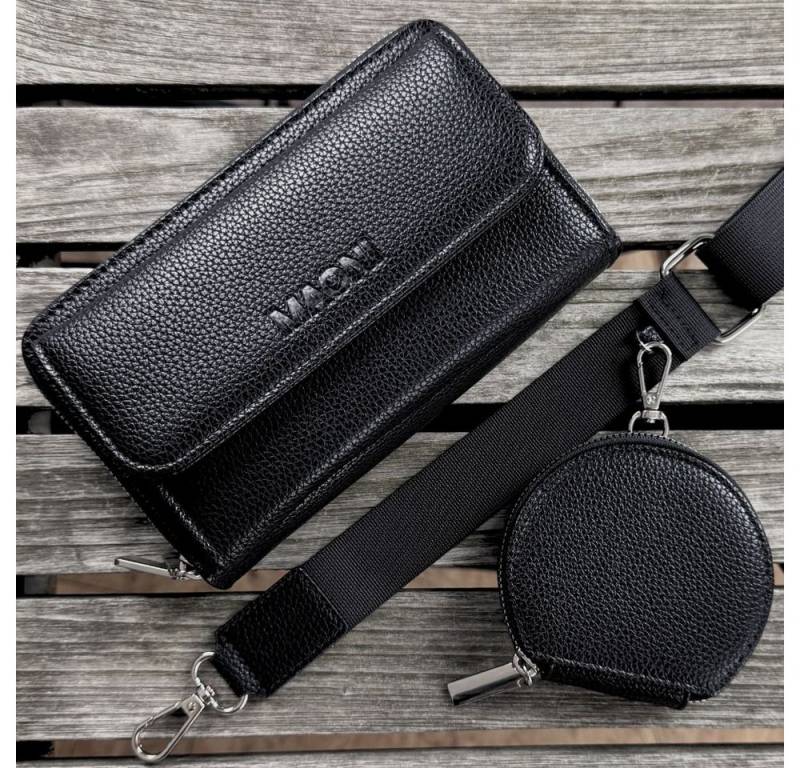 MAONI Geldbörse Geldbörse und Handytasche zum Umhängen - Schwarz (Packung, Handytasche zum Umhängen, einfarbiger Taschengurt, Münztasche), Vegan, Taschengurt auswechselbar, mit Handyfach von MAONI