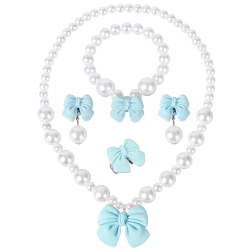 Kinder Schmuck Set, 5 Stück Bogen Perlen Schmuckset für Mädchen mit Halskette Armband Ring Ohrclips, Prinzessin Schmuck Set für Geburtstag Party Kostüm Dress Up Geschenk (Blau) von MAOSHYMS