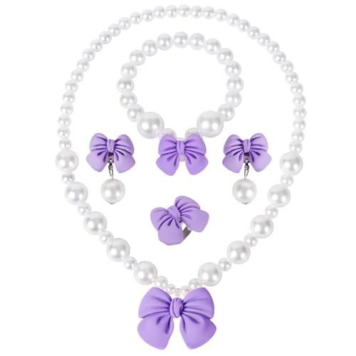 Kinder Schmuck Set, 5 Stück Bogen Perlen Schmuckset für Mädchen mit Halskette Armband Ring Ohrclips, Prinzessin Schmuck Set für Geburtstag Party Kostüm Dress Up Geschenk (Lila) von MAOSHYMS